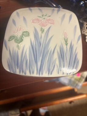 iris White Ceramic Dish with Blue Floral Accent